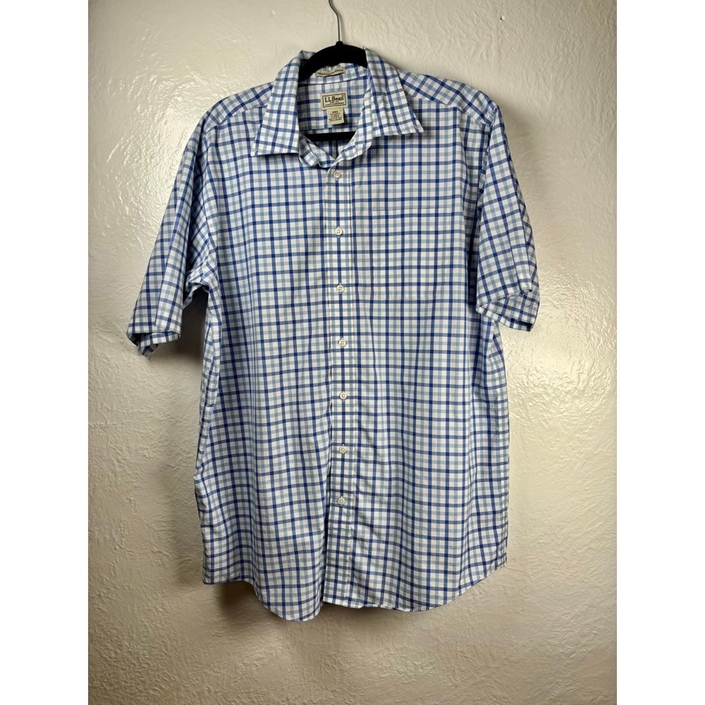 LL Bean Button Down Shirt Blue White L Tall Gingham Short Sleeve Mens Preppy